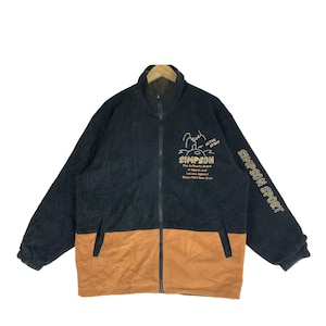 May include: Black and brown fleece jacket with a zip fastening. The jacket features a large graphic on the back that says "SIMPSON SPORT" and "ACTIVE SPIRIT".