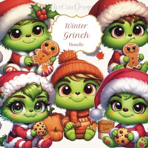 Op de afbeelding: Vijf illustraties van een groen Grinch-personage dat verschillende winteroutfits draagt. De Grinch draagt een kerstmanmuts, een rood-witte trui en houdt een peperkoekmannetje vast. Een andere Grinch draagt een rood-witte kerstmanmuts, een rood-witte trui en houdt een peperkoekmannetje vast. Een andere Grinch draagt een rood-witte kerstmanmuts, een rood-witte trui en houdt een chocoladekoekje vast. Een andere Grinch draagt een rood-witte kerstmanmuts, een rood-witte trui en houdt een chocoladekoekje vast. Een andere Grinch draagt een bruin-oranje gebreide muts en sjaal en houdt een pompoen vast.