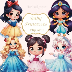 Cute Baby Princesses Clip Art 1| Mulan | Jasmine | Aurora | Snow White | Elsa | Classic Princesses | 1st Birthday | PNG files | Bundle