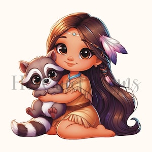 Cute Pocahontas with Raccoon PNG |Pet |Princess | Native American |Feather| Digital Image | PNG