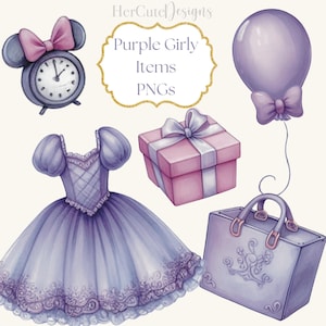 Schattige meisjesachtige paarse items, png PNGEgg | Cocktailstrikje | Paarse ballon | Paarse portemonnee | Roze paars cadeau| Minnieklok | Paarse Minnie-jurk, png