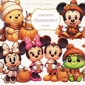 Könnte beinhalten: Ein digitales Clipart-Paket mit herbstlichen Charakteren. Die Charaktere umfassen einen Bären, der einen Schal trägt und einen Kürbis hält, eine Maus, die einen Schal trägt und einen Kürbis hält, eine Maus, die einen Schal trägt und eine Tasse Kaffee hält, eine Maus, die einen Schal trägt und eine Tasse Kaffee hält, und ein grünes Monster, das einen Schal trägt und einen Kürbis hält. Der Text "Autumn Characters Bundle" wird in der Mitte des Bildes angezeigt.