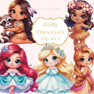 Cute Baby Princesses Clip Art 2 | Pocahontas | Ariel | Moana | Cinderella | Rapunzel  | 1st Birthday | Classic Princesses | PNG Files