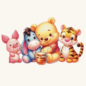 Lindo Pooh y sus amigos PNG/ Burro bebé/ Oso bebé/ Cerdito/ Eeyore/ Winnie/ Tigger/ Tema de baby shower/ Tema de primer cumpleaños/ Guardería Png