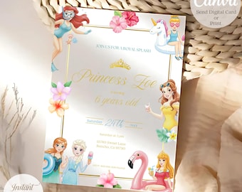 May include: A party invitation featuring illustrations of princesses and a flamingo float, framed by a gold border. The text reads "Princess Zoe is turning 6 years old" and includes event details. Available for instant download.