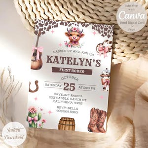 May include: A rodeo-themed invitation with a watercolour illustration of a calf wearing a floral crown. The invitation includes the text "Katelyn's First Rodeo" and event details. The design features a guitar, cowboy boots, and a horseshoe.
