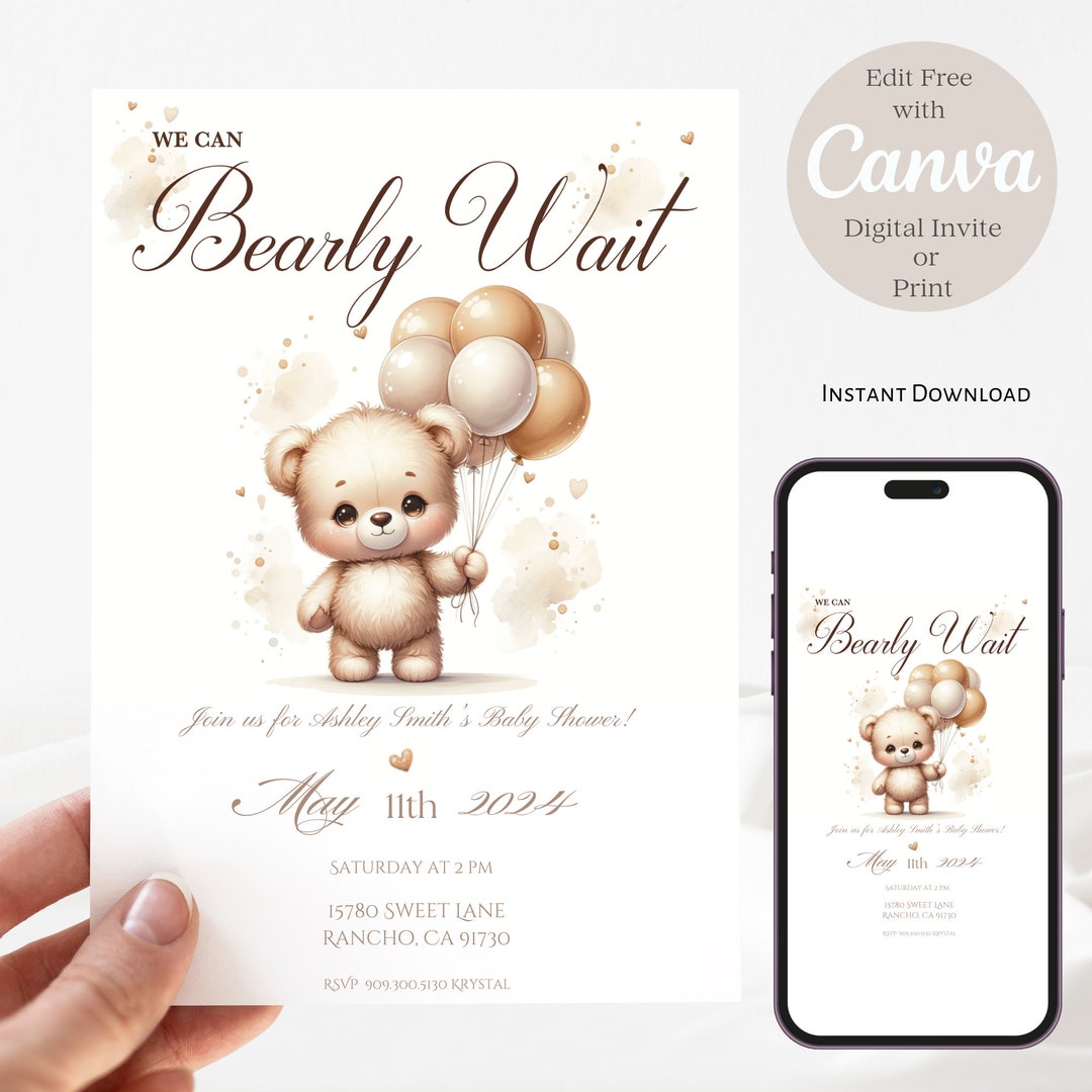 Editable Teddy Bear Balloon Baby Shower Invitation | We Can Bearly Wait ...