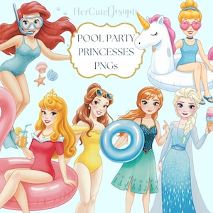 Könnte beinhalten: Digitale Illustration von Cartoon-Prinzessinnen in Badebekleidung und mit Schwimmreifen. Das Bild enthält den Text "POOL PARTY PRINCESSES PNGs" in einem goldenen Rahmen. Die Prinzessinnen sind mit Accessoires wie Sonnenbrillen dargestellt.
