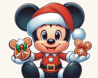 May include: A cartoon illustration of Mickey Mouse wearing a red Santa hat and holding two gingerbread cookies.