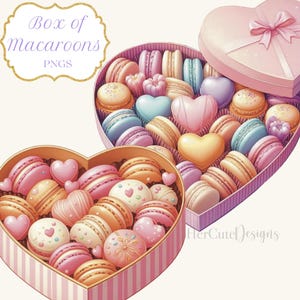 Könnte beinhalten: Zwei rosafarbene herzförmige Schachteln gefüllt mit bunten Macarons. Die Schachteln sind mit weißen Streifen und einer Schleife verziert. Der Text "Box of macaroons PNGs" befindet sich auf der oberen Schachtel.