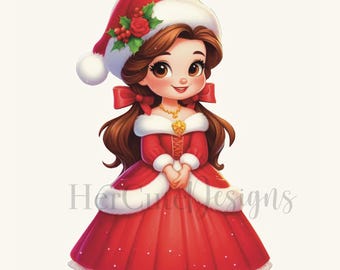 Linda princesa navideña Bella PNG / Princesa bebé / La bella y la bestia / Traje de Papá Noel / Cuento tan antiguo como el tiempo / Princesa navideña clásica / Imagen