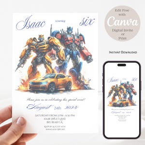 May include: A birthday invitation featuring illustrations of Transformers characters and a yellow sports car. The invitation includes the name "Isaac" and the age "six", along with event details and the date August 24th, 2024.