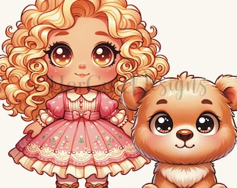 Cute Goldilocks and a Bear PNG | Classic Story | Baby Bear | Little Girl Png | Nursery Png | Baby Shower Theme