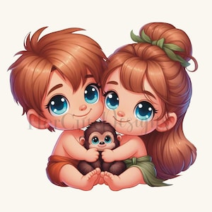 May include: A cartoon illustration of two children, a boy and a girl, with brown hair and large blue eyes, holding a small brown monkey. They are both wearing simple clothing, suggesting a jungle setting.