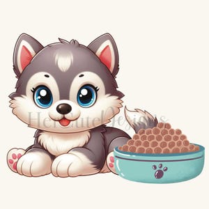 Mignon chiot Husky gris PNG | Adorable | Chien | Bol pour chien| Animaux png | T-shirt et design de gobelet | Conception de sweat-shirt