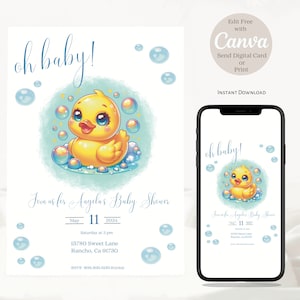 Zaproszenie Cute Rubber Ducky | Żółta kaczuszka | Baby Shower | Bąbelki | Edytowalne | Zaproszenie cyfrowe | Canva | Karty z podziękowaniami | Losowanie pieluch