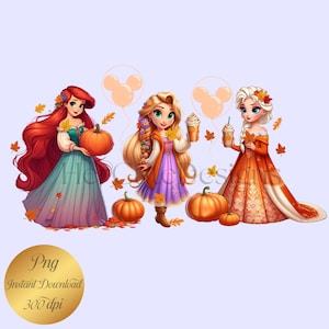 May include: Digital illustration featuring three Disney princesses: Ariel, Rapunzel, and Elsa, each holding a pumpkin and a fall-themed drink. The princesses are surrounded by autumn leaves and Mickey Mouse-shaped balloons. The image includes the text "Png Instant Download 300 dpi".