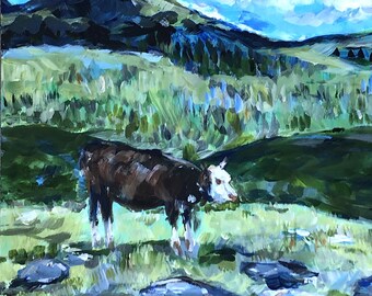 Original Cow Landscape Mountain Switzerland Painting Clouds 11" by 14" Acrylic