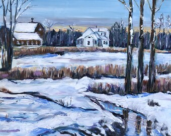 Original Oil Painting Landscape Snowy Maine Farm 11" by 14"