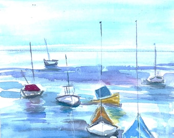 Original Seascape Watercolor Painting Sailboats 10" by 14"