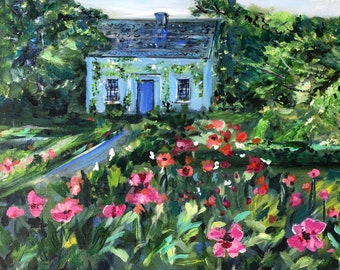 Original Cottage Garden Painting Blue Cottage 11" by 14"