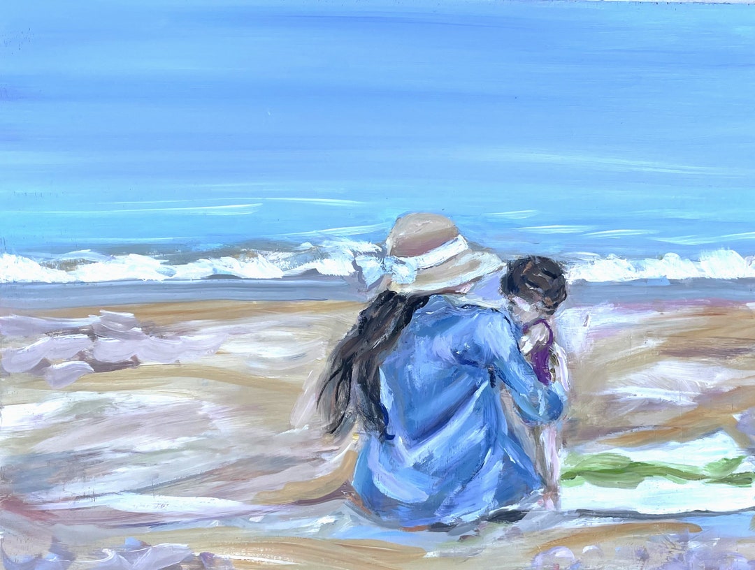 Original Oil Painting Mother and Child Seascape Beach Scene Etsy