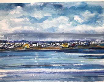Original 9" by 11" Seascape Fishing Cottages Watercolor Painting