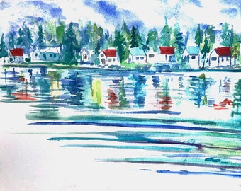 Original Watercolor 9" by 12 " Watercolor Seascape Cottages Reflections