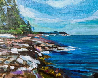 Original 8" by 10" Seascape Maine Rocks Acadia Gouache Painting