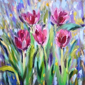 Peinture à l'huile originale 9 "par 9" tulipes rouges, peinture impressionniste sur papier livraison gratuite