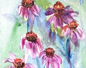 Original Watercolor Painting 7" by 10" Pink Coneflowers Abstract