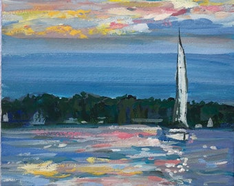 Original Seascape Painting 5" by 7 " Sailboat Sunset Seascape Gouache Painting