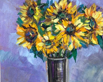 Original Gouache Sunflowers In Vase Painting Floral Bouquet 8" by 10"