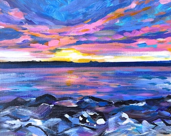 Original Seascape Painting 8" by 10" Sunset Maine Rocks Acadia Gouache Painting