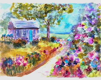Original Watercolor Painting Cottage Landscape Floral Painting Impressionist Landscape 9" by 12"