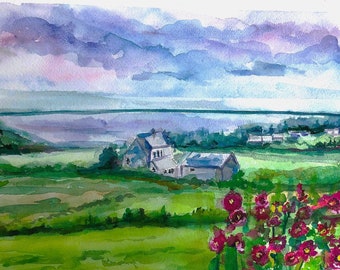 Original Watercolor 9" by 12 " Watercolor Seascape Bar Harbor View Hollyhocks Watercolor