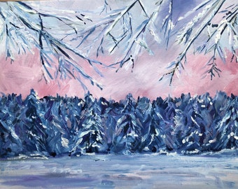 Original Forest Snow Scene Pine Trees Pink Sky Painting 11" by 14"