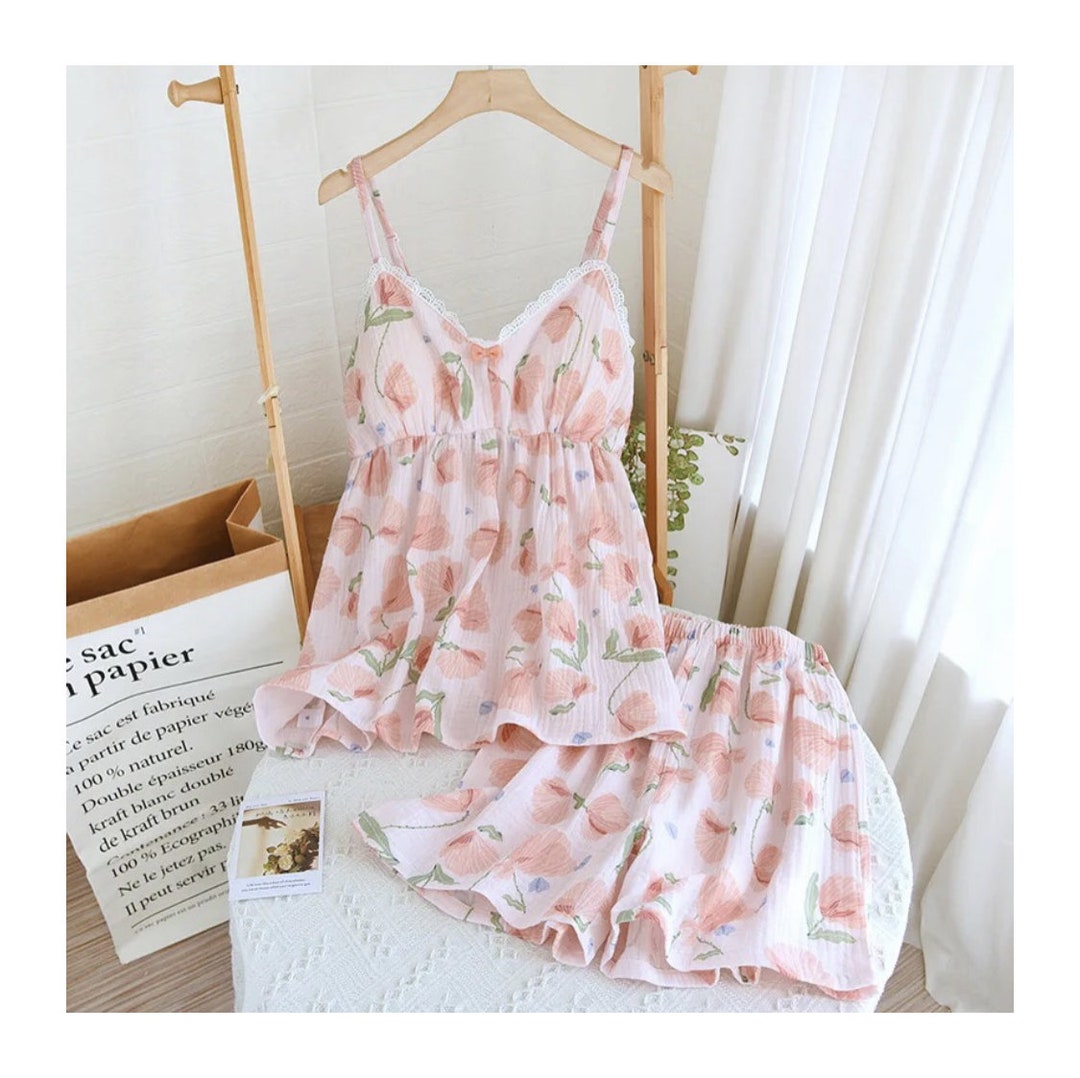 Rosses Clothes Summer Pink Roses Mini Dress Set for Women Cotton Crepe Dress 2pc Women ...