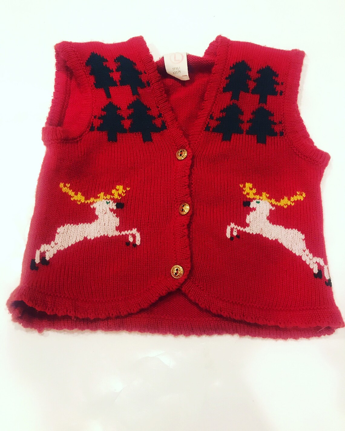 Vintage kids Christmas Knit Vest reindeer Christmas tree Etsy