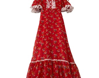 Vintage Big girls floral sheer 70s Maxi dress lace Prairie Drindel style vintage dress 8/10