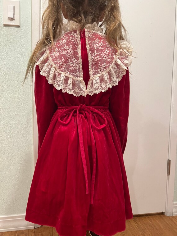 Vintage pink red velour lace high neck dress girl… - image 5