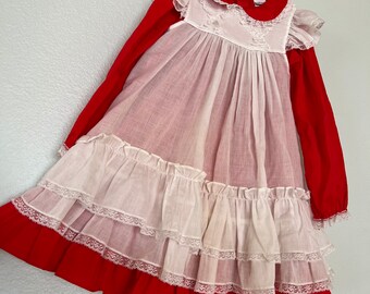 Vintage Girls Bryan pinafore dress set sheer pinafore lace red dress tagged 6X