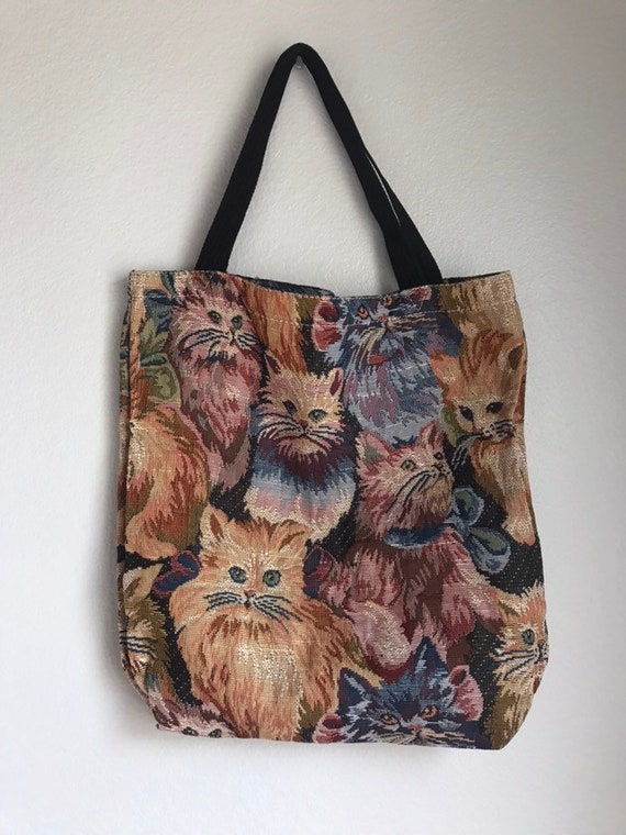 Vintage Cat Tote, Vintage tapastry tote cat, cat b