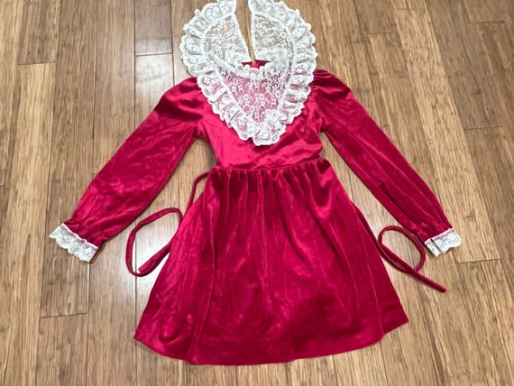 Vintage pink red velour lace high neck dress girl… - image 1