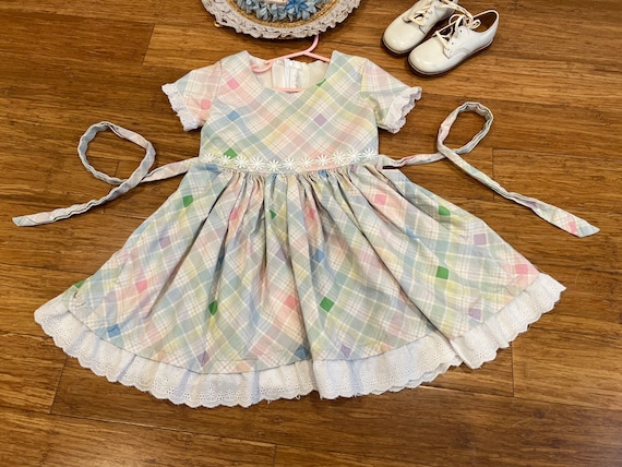 Vintage handmade Pastel diamond gingham dress 4T - image 1