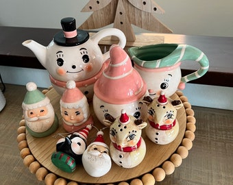 Vintage inspired handmade Johanna Parker Christmas decor salt and pepper shakers cream and sugar ornament