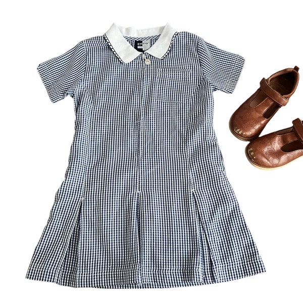 Vintage blue Gingham school girl dress with flower metal zipper tagged girls 4T 5T