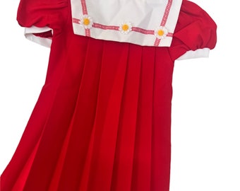 Vintage girls Rose Cottage red pleated dress tagged 6 Daisy bib dress