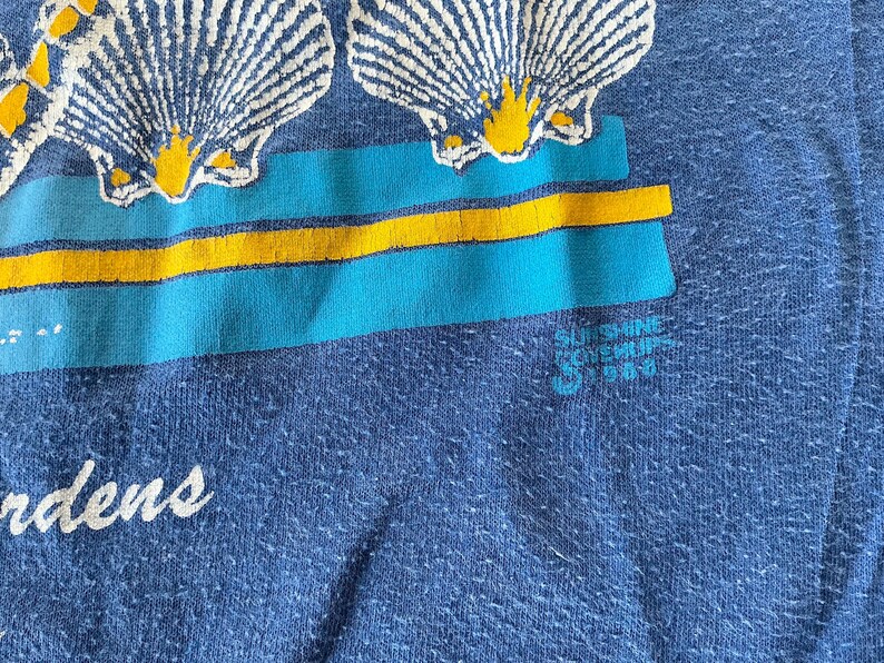 May include: Blue t-shirt with a graphic of three seashells and yellow stripes. The text "Sunshine Souvenir 1988" is printed on the bottom right corner of the shirt.