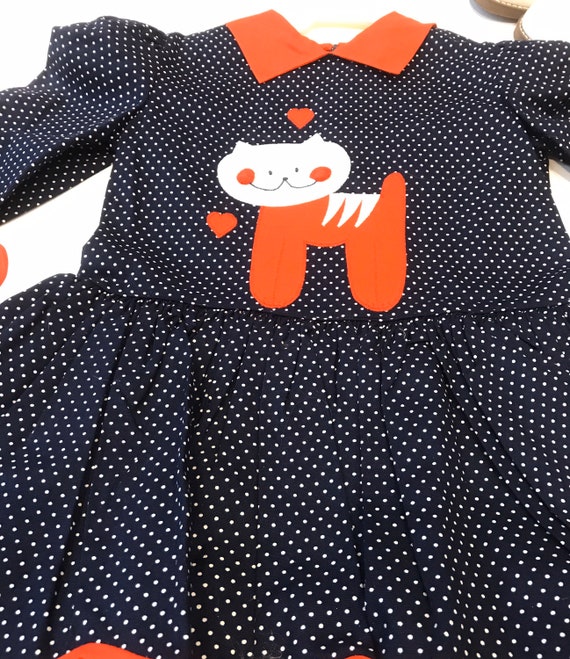 Vintage Toddler Cat Polkadot Dress Tagged 2T - image 2